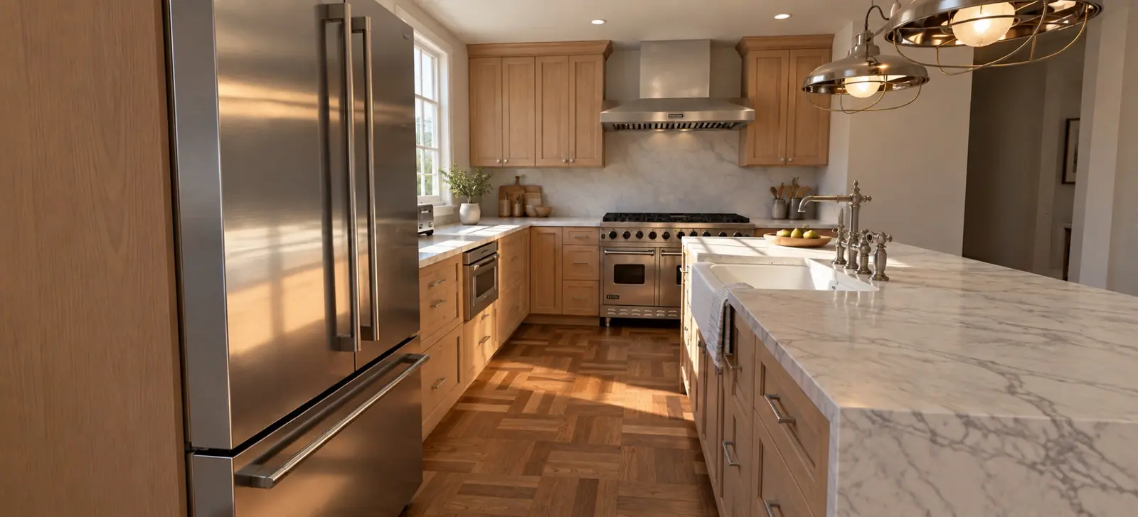 Rendering of a kitchen renovation in progress, with wood cabinetry, a marble waterfall island, and parquet flooring